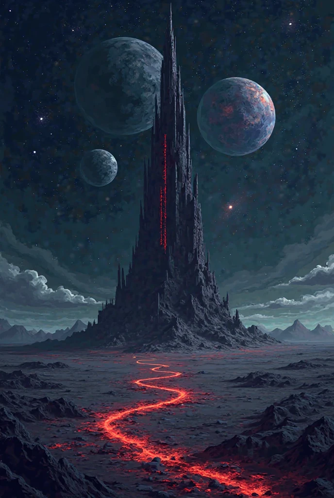 From the vastness of space, a lone dark tower juts out from the center of a cracked, lifeless planet. Its impossibly tall form pierces the stratosphere, with jagged spires and glowing crimson runes pulsing along its surface. The surrounding flatlands are scorched and barren, spreading in all directions like a blackened desert under a thin, dying atmosphere. Orbiting debris and shattered moons drift silently above, casting long shadows across the desolate world. Stars shimmer coldly in the distance, while a distant nebula glows faintly with eerie blues and purples. The pixel art style captures cosmic scale and isolation, with fine details glowing against the infinite blackness of space.

