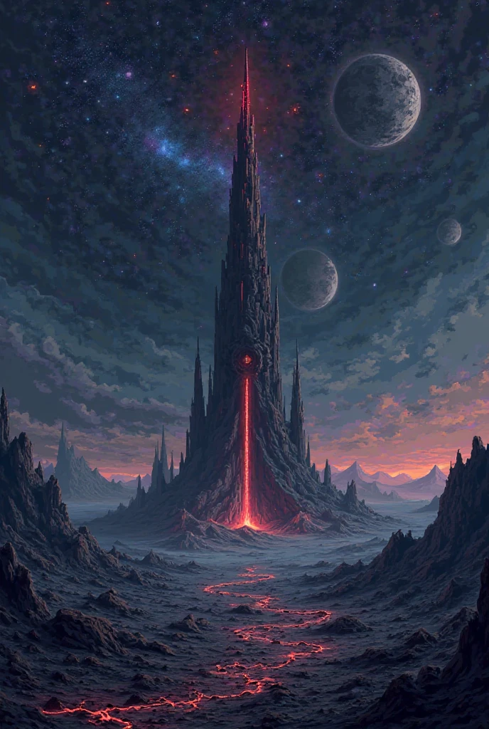 From the vastness of space, a lone dark tower juts out from the center of a cracked, lifeless planet. Its impossibly tall form pierces the stratosphere, with jagged spires and glowing crimson runes pulsing along its surface. The surrounding flatlands are scorched and barren, spreading in all directions like a blackened desert under a thin, dying atmosphere. Orbiting debris and shattered moons drift silently above, casting long shadows across the desolate world. Stars shimmer coldly in the distance, while a distant nebula glows faintly with eerie blues and purples. The pixel art style captures cosmic scale and isolation, with fine details glowing against the infinite blackness of space.

