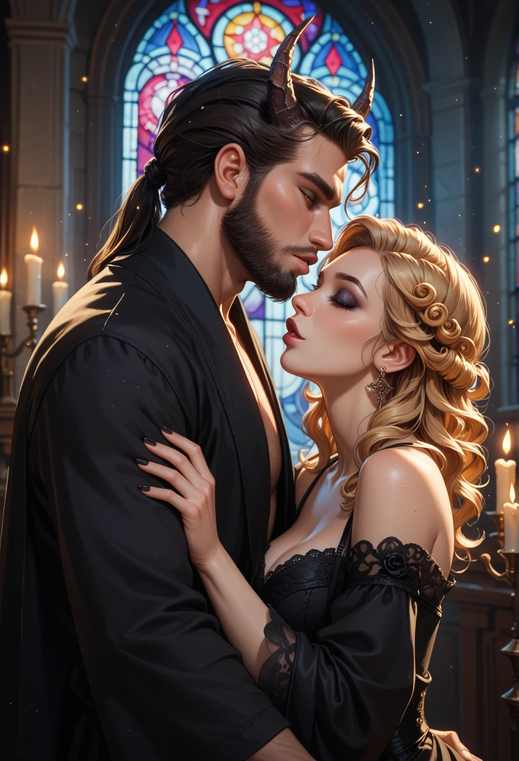 muscular handsome arab man and skinny Ginger man, lean on couch, beautiful detailed face, extremely detailed eyes and face, longeyelashes, perfect body, sensual embrace, passionate kiss, wear lewd wedding suit, candle light, dramatic chiaroscuro lighting, cinematic composition, realistic, photorealistic, photo-realistic:1.37, best quality,8k,highres,masterpiece:1.2,ultra-detailed