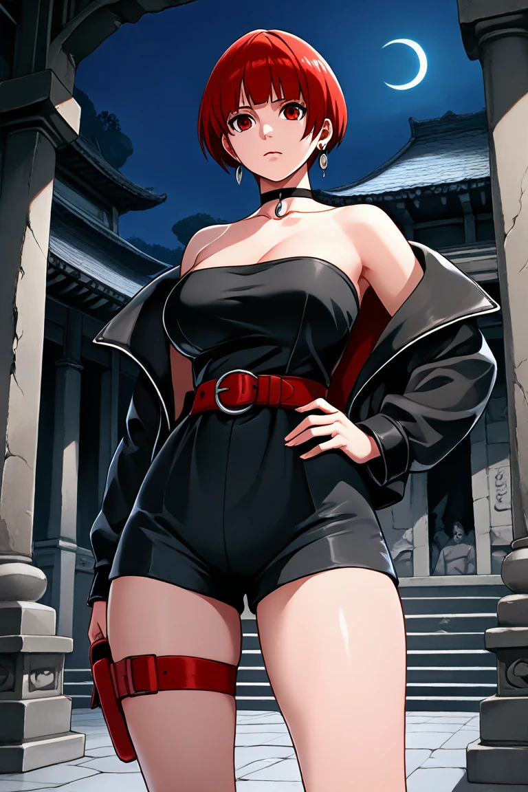 (night),in a video game scene with a neon background and a neon light,
Standing at attention,
Red outfit,Red jacket,choker, cleavage cutout, clothing cutout,
earrings,
Red hair,bangs,((hair over eyes)),
1 girl, 20yo,Young female,Beautiful Finger,Beautiful long legs,Beautiful body,Beautiful Nose,Beautiful character design, evil face,
looking at viewer,(Focus on her face),closed mouth,evil_Smile,two hands five finger,
official art,extremely detailed CG unity 8k wallpaper, perfect lighting,Colorful, Bright_Front_face_Lighting,shiny skin,
(masterpiece:1.0),(best_quality:1.0), ultra high res,4K,ultra-detailed,
photography, 8K, HDR, highres, absurdres:1.2, Kodak portra 400, film grain, blurry background, bokeh:1.2, lens flare, (vibrant_color:1.2),professional photograph,
(Beautiful,large_Breasts:1.4), ),(narrow_waist),conceit,smile worst,laugh worst,