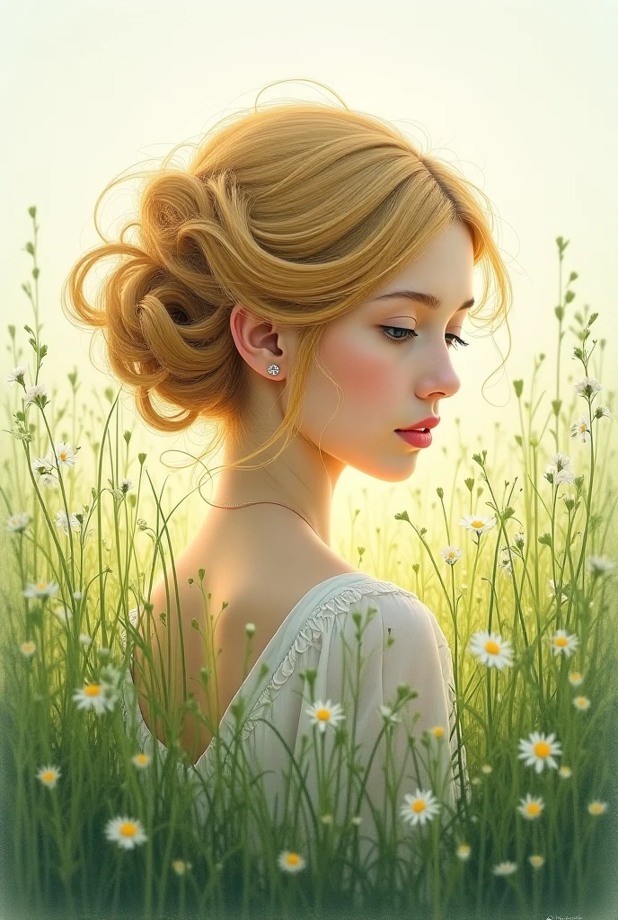 Make a portrait drawing of a dark blond curl in a weed field