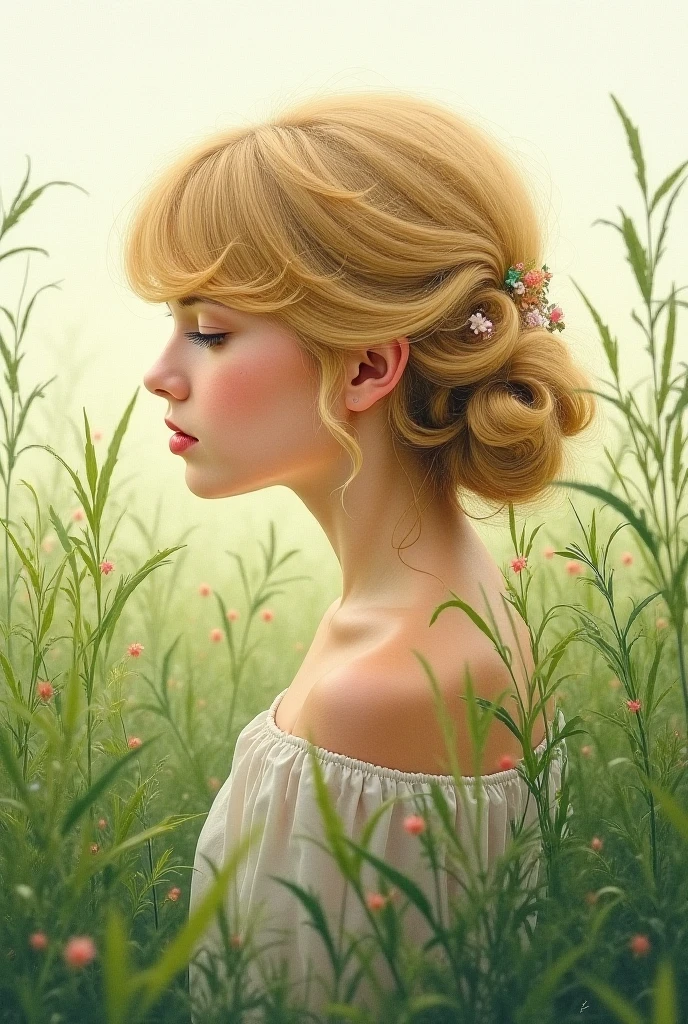 Make a portrait drawing of a dark blond curl in a weed field