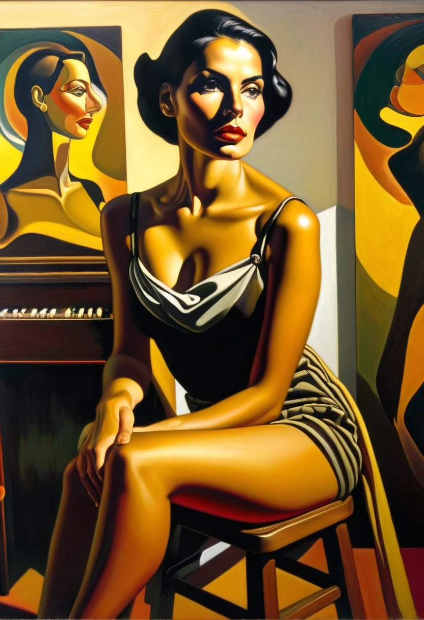 fantasy painting of naked woman posing for photo, wet lips, black furniture, Latina, shaggy brown hair, showing leg, barefoot, desirable, wet skin, wet hair, epic scene, oil and watercolor painting, in the fantasy world, airbrush over oil on canvas, best quality, high resolution,