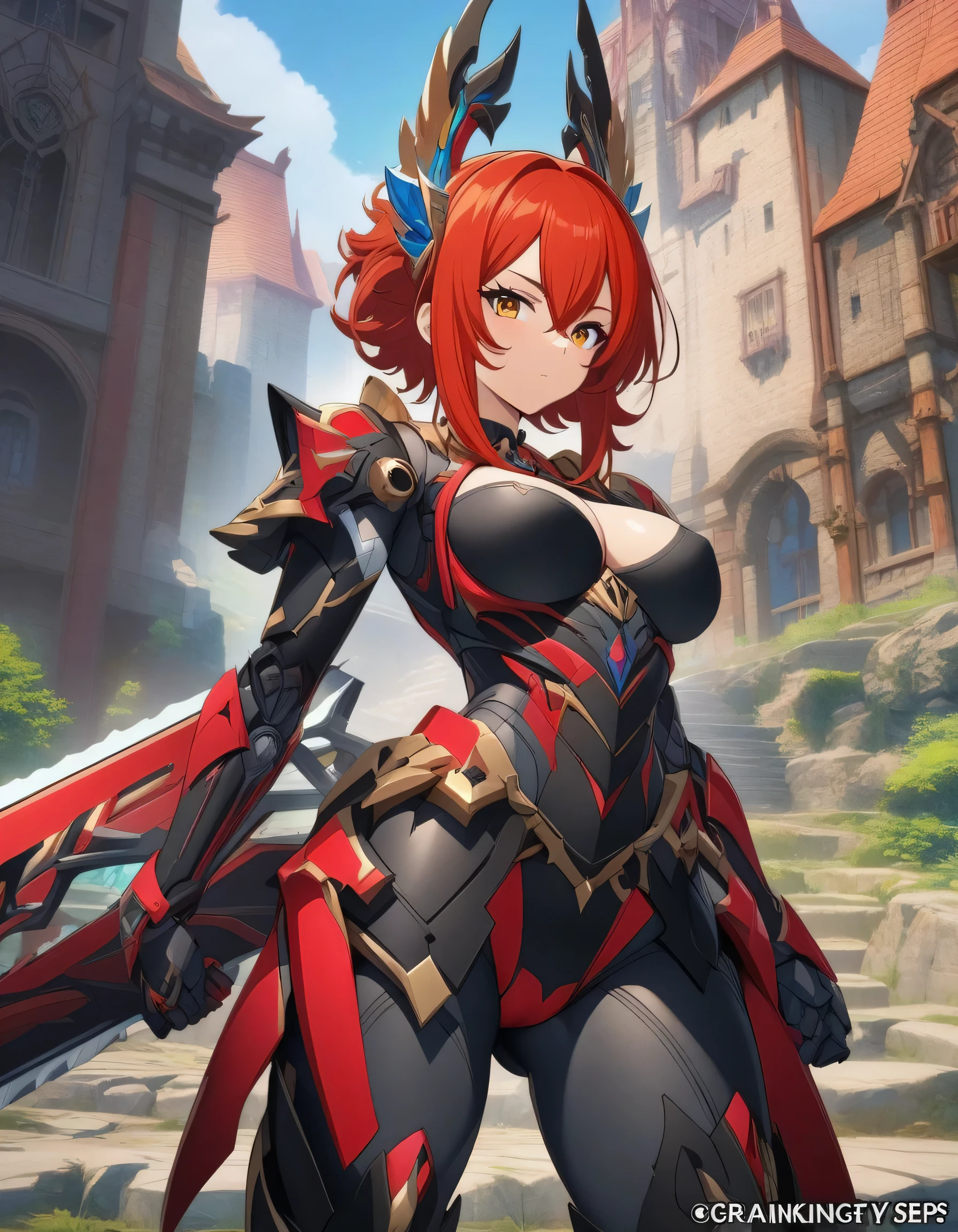 Izayoi (blazblue), orange eyes, red hair, ponytail, long hair, Small breasts, armor, bodysuit, boots, skin tight, skirt, thigh boots, thighhighs, 1girl, solo, facing viewer, looking at viewer, upper body, smile,
