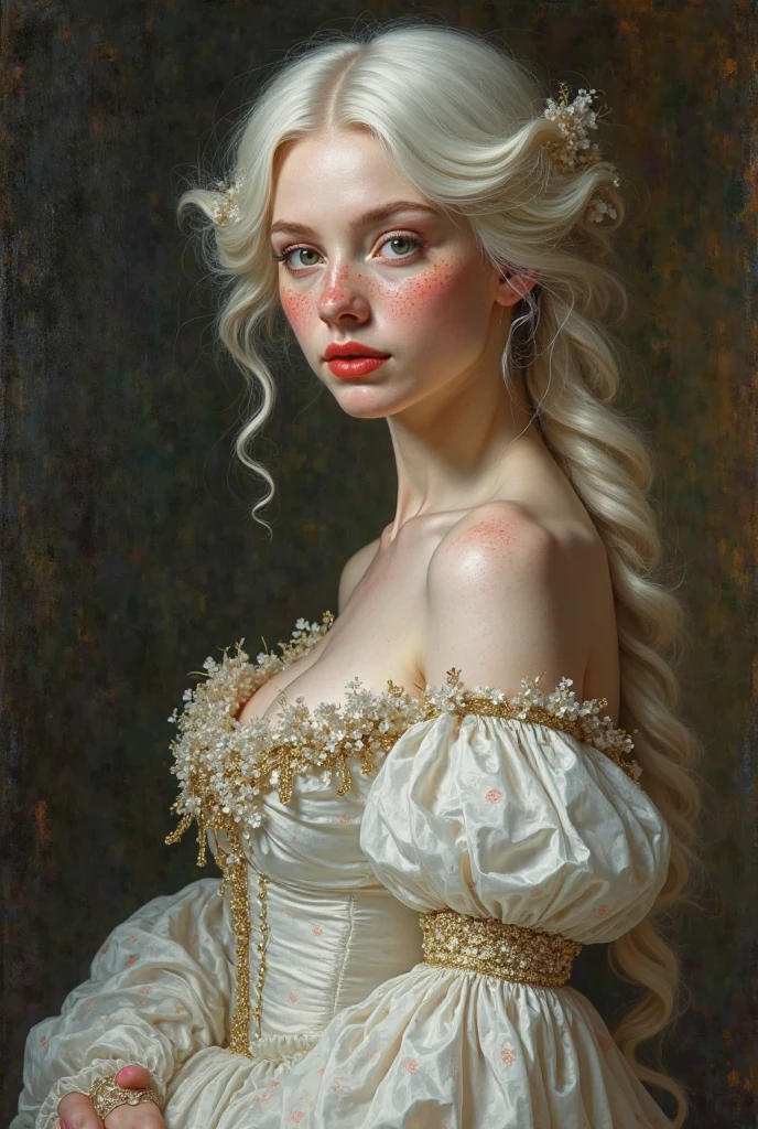 Baroque painting .
a young woman with white hair with dark green eyes and creamy white skin and pink lips like a strawberry and with freckles, wearing a white silk dress highlighting her figure as a royal lady.