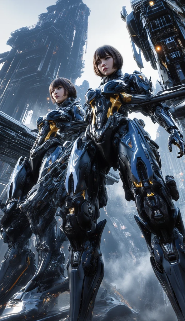 Big black eyes, Aura, light brown long wavy hair, Black and blue sci-fi armor, Sci-fi style, High quality, atmosphere, War