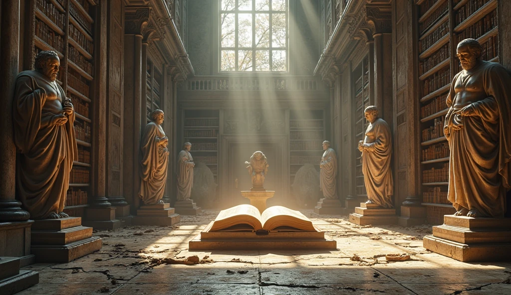"A grand, decaying library of Stoic philosophy with towering bookshelves and marble statues of ancient philosophers, Marcus Aurelius’ Meditations glowing on a pedestal."
