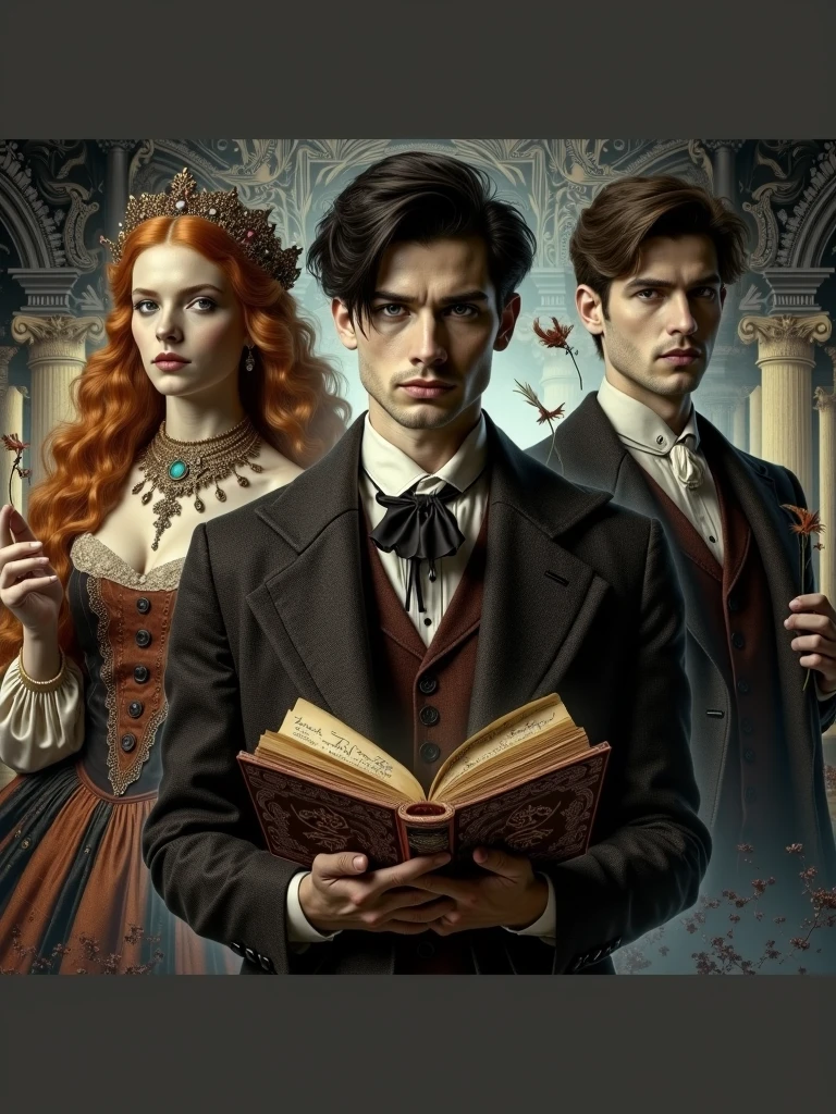 The skin of the first man in the slightly pale front of a vampire,The woman with a feather in her small hand 