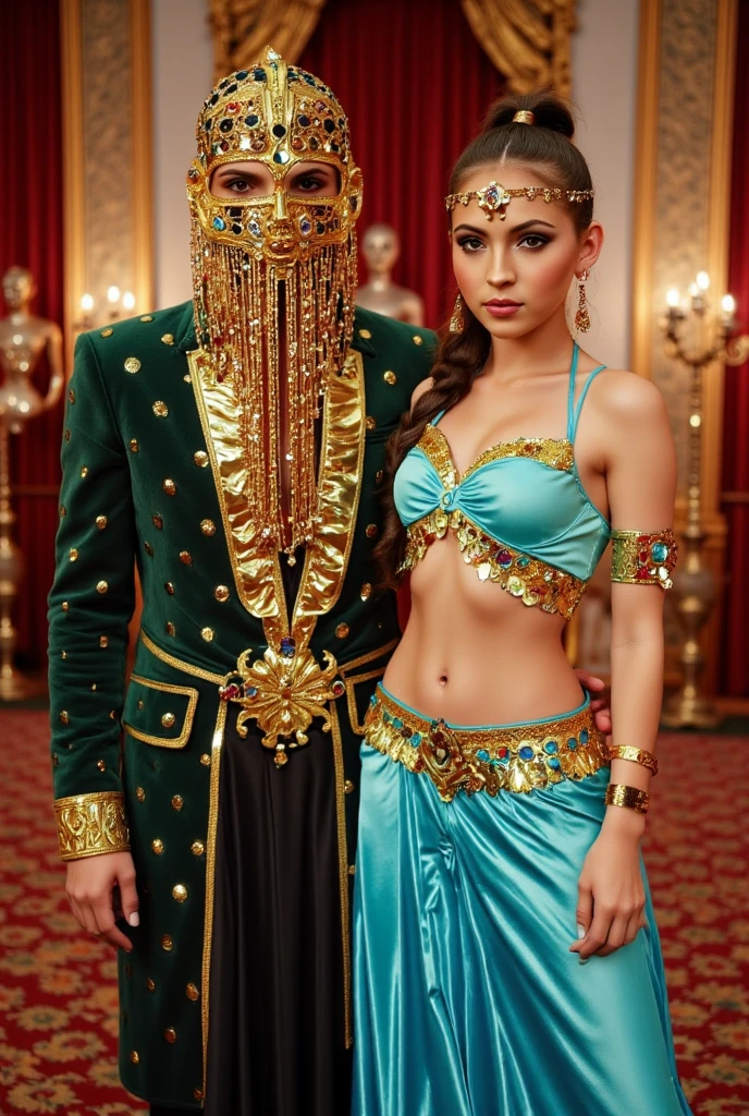 There are two people in costumes standing side by side, Tom Bagshaw and Sabhas Aptrus, still from music video, She&#39;s dressed like a belly dancer, A group of people in the elevator, 7 0 seconds visual effects, Wonderful details full face, stills from movies, medieval peasants, fashion week backstage, Andrei Korkutin, bohemian, Pre-Raphaelite  