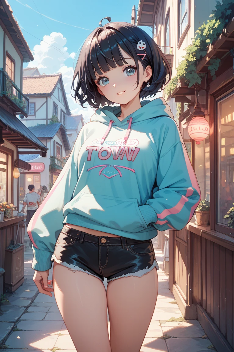 beautiful young adult woman, short brown hair, wearing a white hoodie with long sleeves, blue jean shorts, smiling, one hand in front of mouth, indoors,