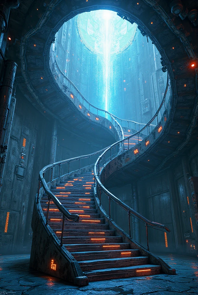 futuristic spiral staircase leading to light, cyberpunk style"