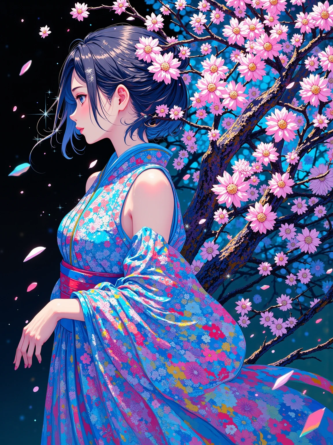 A full-length
fantasy girl glows fabulously beautifully, her hair glows at night.black background . Double exposure beautiful girlbody art patterns and the body is illuminated with bright colors-crystal blue  rays on the petals crystal
flowers,
tulips, twigs of mimosa, a huge bouquet, colorful bright flowers will soften,grow, multiply, blossom.

double crystal flowers ,crystal gemstones,
Cris de Lara style glitter, sequins
,transparent double exposure on the leaves