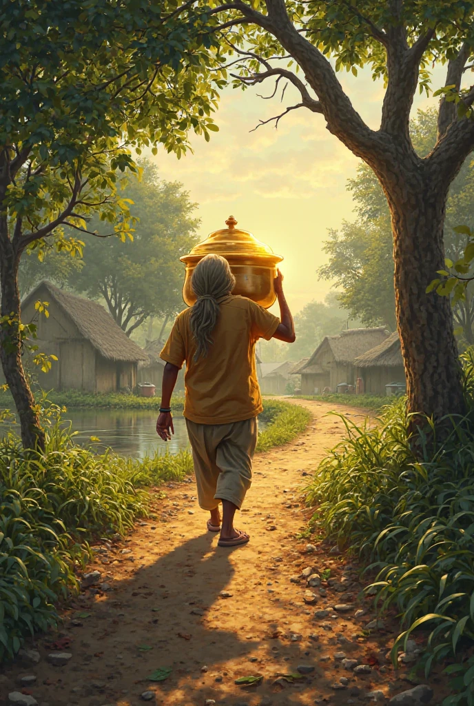 The same Bengali farmer is walking along a village dirt path with a glowing golden pot on his shoulder. Green trees, a pond, and huts in the background.
