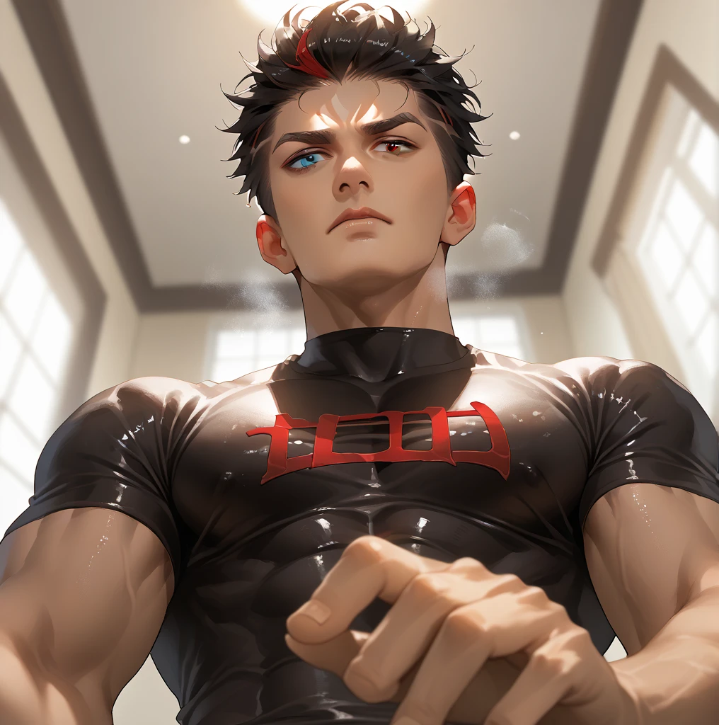 A 20 years old boy , tall , muscle , sweaty , hot , seductive, big boobs , viewed from below , holding viewer , topless , grinning