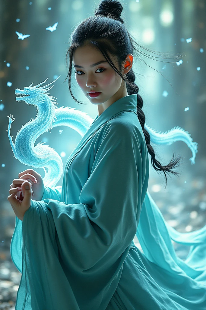 Woman, Asian, Chinese dragon, kung fu robes, and mystical energy, 