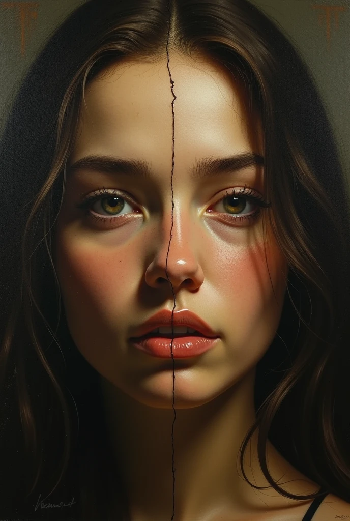 an image A divided human face: half light  /  half shadow . in the Renaissance painting style