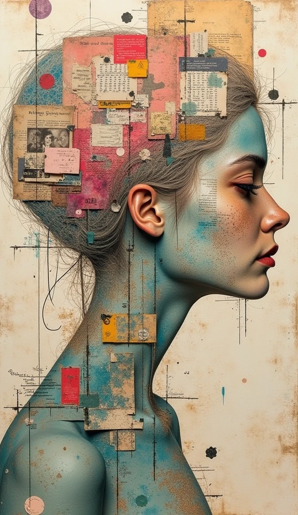 Collage art, paper borders, Torn elements from books, pastel color palette, Doodles and garutage in an old diary, Very realistic sepia 

