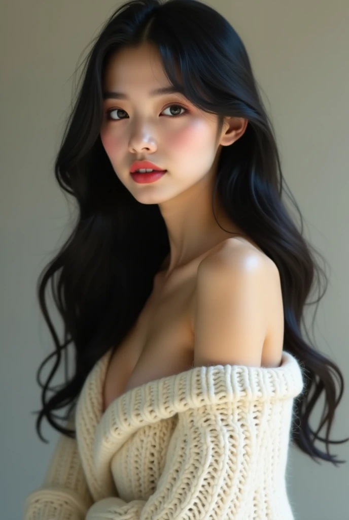 Asian girl, age 27, Long hair, Looking at Viewer, black hair, Bare shoulders, Full body, off shoulders, Sweaters, Realistic, sexy, protruding nipples
