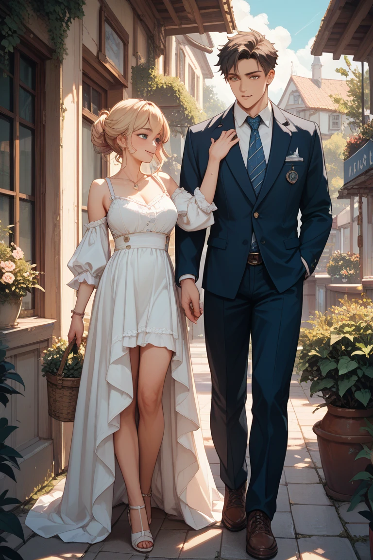 couple with a height difference of 25 cm。Both are delicate and fair-skinned。A girl is crotched against a man