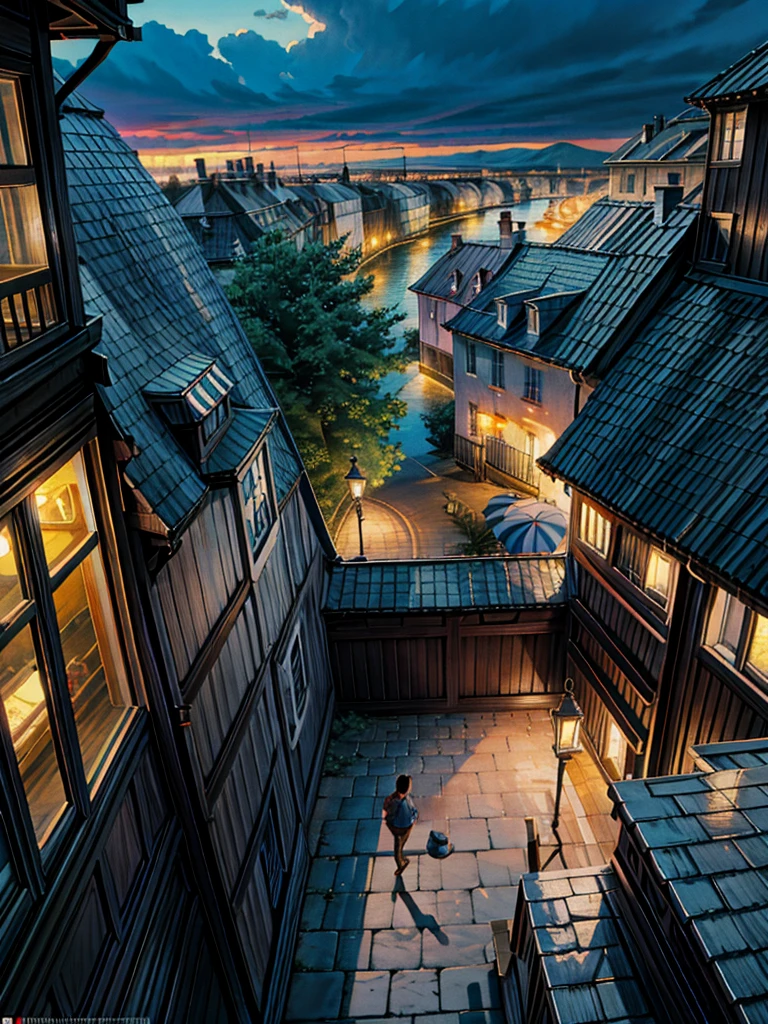 a painting of a table and chairs on a balcony, by Evgeny Lushpin, beautiful terrace, inspired by Evgeny Lushpin, rooftop romantic, romantic atmosphere, tomas kinkade, terrace, dreamy night, paris background, serene evening atmosphere, romantic scene, thomas kinkade style painting, thomas kinkade painting, romanticism painting, kinkade, by Thomas Kinkade,  4k hd,, beautiful art uhd 4 k, a beautiful artwork illustration, beautiful digital painting, highly detailed digital painting, beautiful digital artwork, detailed painting 4 k, very detailed digital painting, rich picturesque colors, gorgeous digital painting