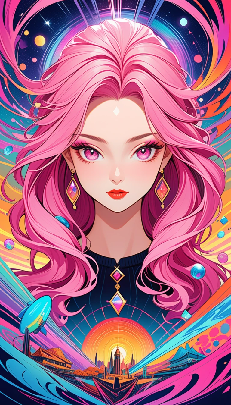 Retro,( Movie Poster ),Collage Art,1 Sister, alone,  long hair, watching the audience, Jewelry, jacket, pink hair, Earrings and Nipple Rings, pink eyes,  necklace, sweater, eyelash, make up, curls, punching, Lipstick, Danteidong, Eyeshadow, red pink lips, Colourful Eyes, 粉色Eyeshadow,[bright colors], [Psychedelic patterns ], [Sparkling Textures], [Abstract shapes], [unique design], [Charming light], [Creative composition],[fantastic atmosphere], [Artistic expression ], [Fantasy Surrealism], [Futuristic Aesthetics], [ Magical charm ], [ 迷幻氛围], [Otherworldly Beauty], [ Unbelievable Illusion ], [Electricity], [Mysterious nature], [Imagination ], [Striking Details], [ dynamic contrast], [Psychedelic Color Palette], [Attractive Vision], [Unconventional Design], [Mind Expansion], [Unforgettable Shock].(best quality,4K, 8,000,high resolution, masterpiece:1.2)