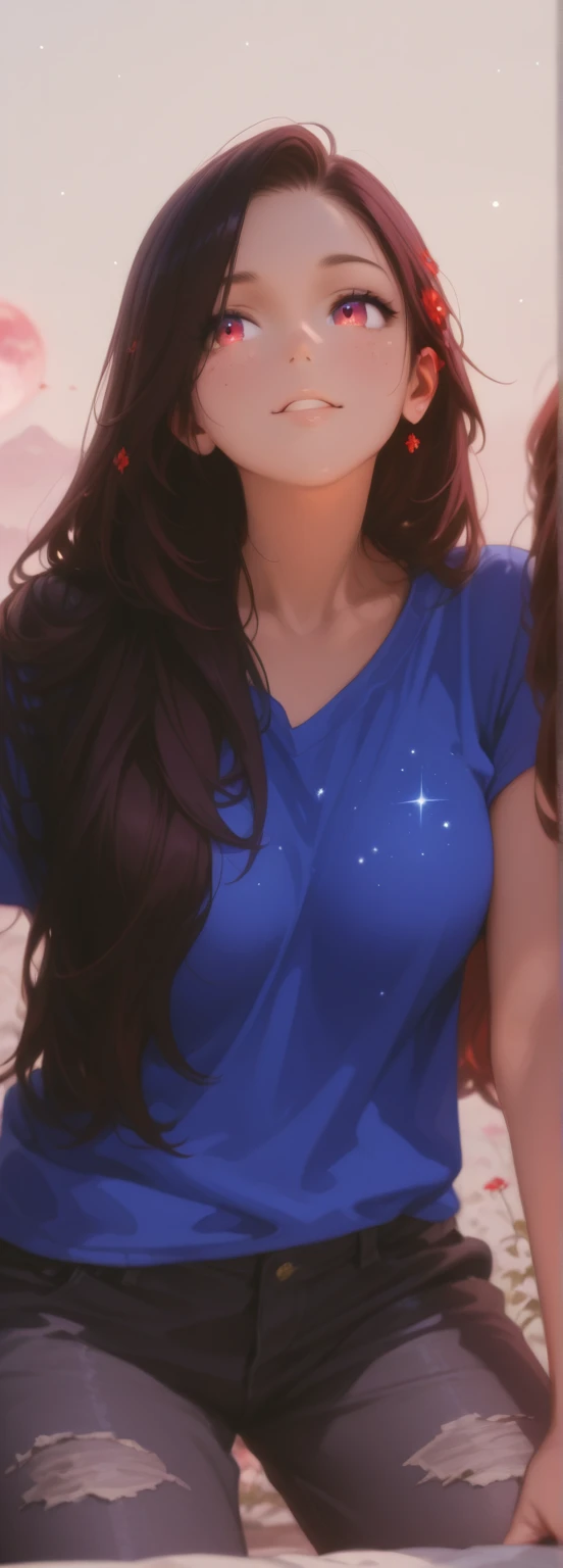 woman, adult age Mabel Pines, solo, long hair flowing in soft curls, brown hair, hairband adorned with a small, unique charm, wearing a cozy sweater, shy smile, cheeks slightly flushed with blush, full body shot, fashionable skirt, breasts subtly visible, showcasing a playful and endearing charm, detailed background set in the quirky town of Gravity Falls, sunlight filtering through the trees, a sense of whimsy and wonder pervading the scene. Highly detailed facial features, realistic skin texture, bright and expressive eyes, (((magenta sweater with a shooting star print))), (((showing breasts))), (((visible nipples))), (((braces))), (((Purple skirt)))