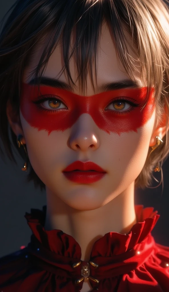  cksc style,, This digital painting is intense, atmospheric portrait wrapped in crimson and obsidian tones, striped with a sparkle of melted gold. something extremely close up fixed to one, hypnotic amber eyes, that broken crystal-like detail、capture light like flaming fire under glass, hypnotic amber eyes surrounded by thick frames, jet Black eyelashes cast dramatically, Sharp Shadow. refined, Bob of ink wraps around her face, Sharp and accurate, loose silver bangs cover those eyes like shadows. creepy, a malicious smile tears deep red lips, its ends curve unnaturally upward，Hair, eyebrows, and eyelashes are white， white skin ， beautiful gray hair，Alpino，