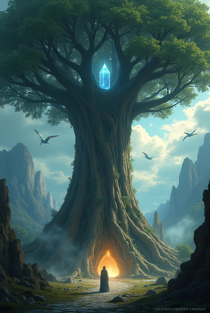 At the heart of the greatest kingdom this dark fantasy world has ever known, there stands a tree so colossal, so utterly vast, that its full form can only be seen from the highest reaches of the sky—far above the clouds, where the heavens themselves look down in awe.

The kingdom surrounding it is no mere village or settlement. It spans rivers like silver veins, stone fortresses carved into the earth, and mighty cities filled with towers and ancient spires that scrape the sky. A civilization of splendor and strength. And yet, beneath the towering presence of the tree, all of it appears fragile, almost ornamental—like delicate carvings at the base of a mountain.

The trunk alone stretches with such impossible length that it seems to pierce reality itself, rising like a living wall of bark and memory. Its surface is a landscape in itself—scarred with canyons, hollowed by caves large enough to shelter cities, and textured with patterns older than time. It is not merely tall. It is a monument that connects the earth to the stars.

And then—there is the canopy.

A boundless world above the world. Branches like living bridges stretch for miles in every direction, holding aloft an ocean of leaves, each as wide as a sailing ship's deck, shimmering with hues unknown to mortal eyes. The air there is thick with ancient magic, and entire ecosystems thrive in the tangle of sky-reaching limbs. Dragons soar between branches like birds in a garden, while ethereal spirits glide lazily through the glowing mist. Some creatures are so small they seem like flecks of dust; others, ancient and slow, move with the patience of centuries.

At the heart of the trunk, suspended in a spiral of wood that folds inward like a cathedral grown from the earth itself, floats a radiant crystal. It pulses with life—the origin and end of all things. The tree grows around it, drinks from it, guards it like a sacred heart.

This is no ordinary tree. It is a god made of bark and breath, time and silence. It