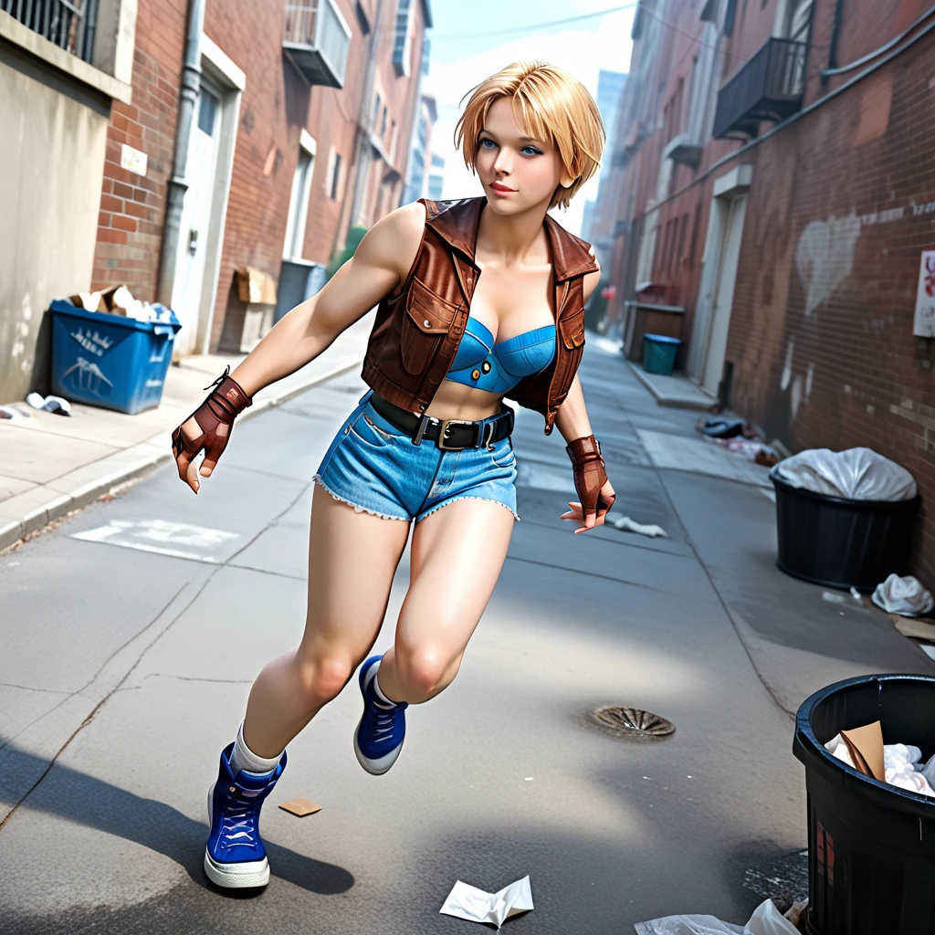 score_9, LuciaFF3Outfit, 1girl, short hair, blue denim sports bra, brown vest, brown fingerless gloves, black belt, sexy pose, alley of a modern city, place full of trash, several trash bags, several sheets of paper flying, decaying place, early afternoon, alone, dynamic angle, absurd, high quality, detailed