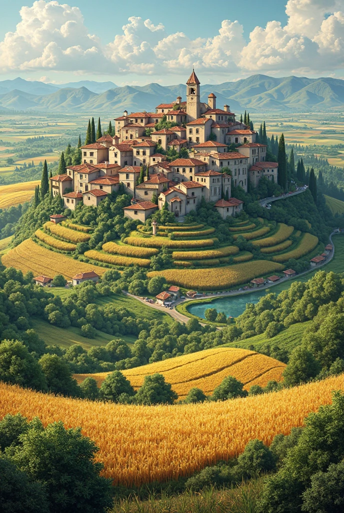 Between alfalfares, wheat fields, Of beans and barley on an uneven hill there is a town the town looks big on the hill following the hill the tile roofs rise from the shore