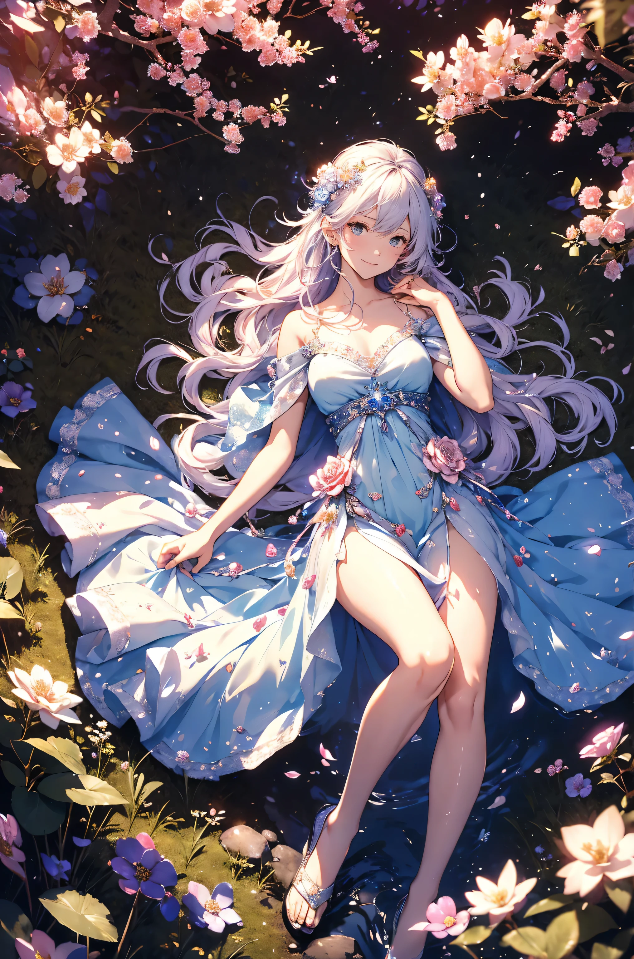 best quality !mystical 、( Bold Composition ) 1girl cute smile!smile! gentle gaze , beautiful 、Beautiful skin with a chest circumference of 130 、sexy、 Beautiful chest skin !BEAUTIFUL THIGS、beautiful legs ‼️ slender model figure、 music Healing simple lawn composition fantasy world、western fantasy style flower、 beautiful 大理石の祠 Green grass Beautiful Rose Hedge flower pot Many kinds of flowers Mr..々flower butterfly々 cherry blossoms、cherry blossoms舞い散る、
Keep it simple beautiful brilliance 、long silver blue hair、The strongest beautiful decorative flower sexy white dress、 calm atmosphere 、昼 petals、 open 、 Beautiful young body 、 big 胸 、beautiful skin, 、beautiful brilliance, high definition depiction , Realistic Fantasy Romanticism ,, ultimate beauty moving!high resolution,