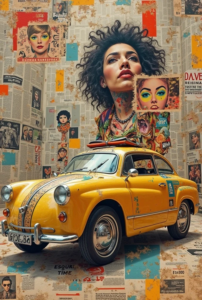 retro vintage velomobil、(top quality, Ultra Details, 8k resolution, collage art style,  retro aesthetic , Vintage Magazine Cutouts, Surreal and Extraordinary Composition, analog texture, Edge of paper, torn element, 1960s and 1970s Color Palettes, Eclectic Visuals Mix, overlapping faces, abstract body parts, old advertising Text Fragments, Grainy News Print Overlays,  pop art influences , tape and glue effect, cultural iconography, random object, hand-drawn doodles and arrows, old drawing, unrealistic contrast, visual chaos with artistic intent, punk gin atmosphere, paper clipping shadows, photomontage energy, rebellious tone