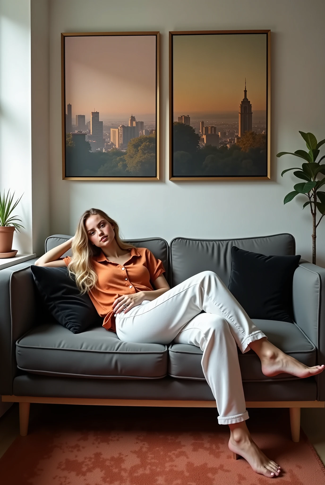 A blonde Brazilian woman, lying on the couch ,on the wall two paintings measuring 60 cm by 80 cm on the wall above the modern gray sofa with black cushion
, small apartment room, well lit and with flowers and carpet

