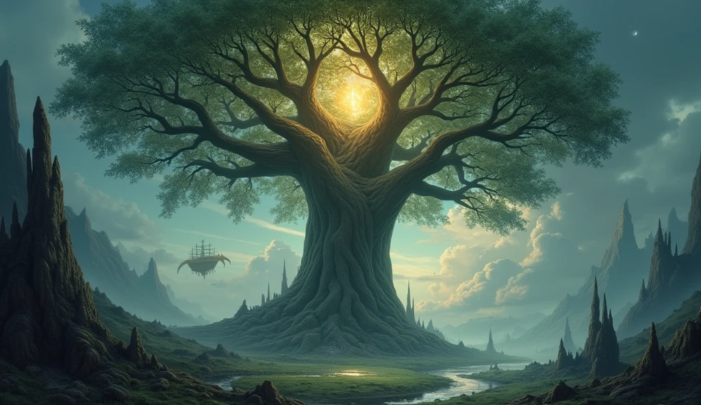 At the heart of the greatest kingdom this dark fantasy world has ever known, there stands a tree so colossal, so utterly vast, that its full form can only be seen from the highest reaches of the sky—far above the clouds, where the heavens themselves look down in awe.

The kingdom surrounding it is no mere village or settlement. It spans rivers like silver veins, stone fortresses carved into the earth, and mighty cities filled with towers and ancient spires that scrape the sky. A civilization of splendor and strength. And yet, beneath the towering presence of the tree, all of it appears fragile, almost ornamental—like delicate carvings at the base of a mountain.

The trunk alone stretches with such impossible length that it seems to pierce reality itself, rising like a living wall of bark and memory. Its surface is a landscape in itself—scarred with canyons, hollowed by caves large enough to shelter cities, and textured with patterns older than time. It is not merely tall. It is a monument that connects the earth to the stars.

And then—there is the canopy.

A boundless world above the world. Branches like living bridges stretch for miles in every direction, holding aloft an ocean of leaves, each as wide as a sailing ship's deck, shimmering with hues unknown to mortal eyes. The air there is thick with ancient magic, and entire ecosystems thrive in the tangle of sky-reaching limbs. Dragons soar between branches like birds in a garden, while ethereal spirits glide lazily through the glowing mist. Some creatures are so small they seem like flecks of dust; others, ancient and slow, move with the patience of centuries.

At the heart of the trunk, suspended in a spiral of wood that folds inward like a cathedral grown from the earth itself, floats a radiant crystal. It pulses with life—the origin and end of all things. The tree grows around it, drinks from it, guards it like a sacred heart.

This is no ordinary tree. It is a god made of bark and breath, time and silence. It