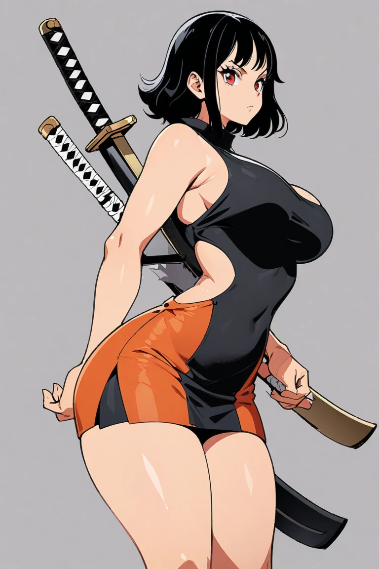 Japanese woman with katana, samurai, tatuaje, hermosa, rostro detallado, cuerpo completo, bikini arte lineal, monocromo, (alta calidad)
