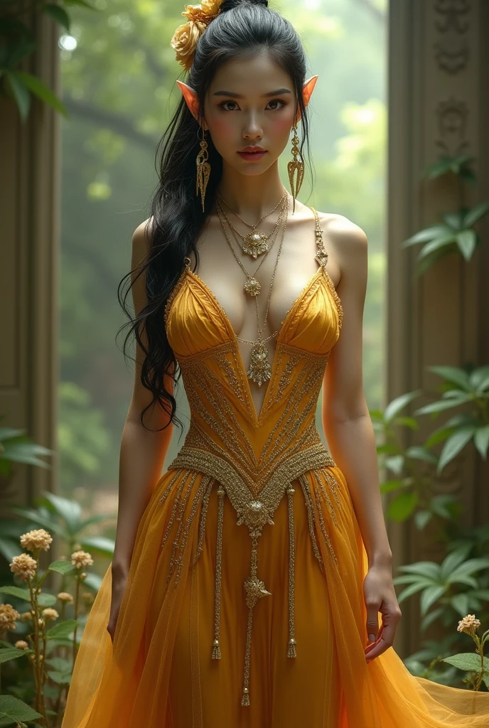 Eastern Elf, voluptuous body, ponytail hair, clear eyes, Arcane gold dress, amuleto, brincos, botas