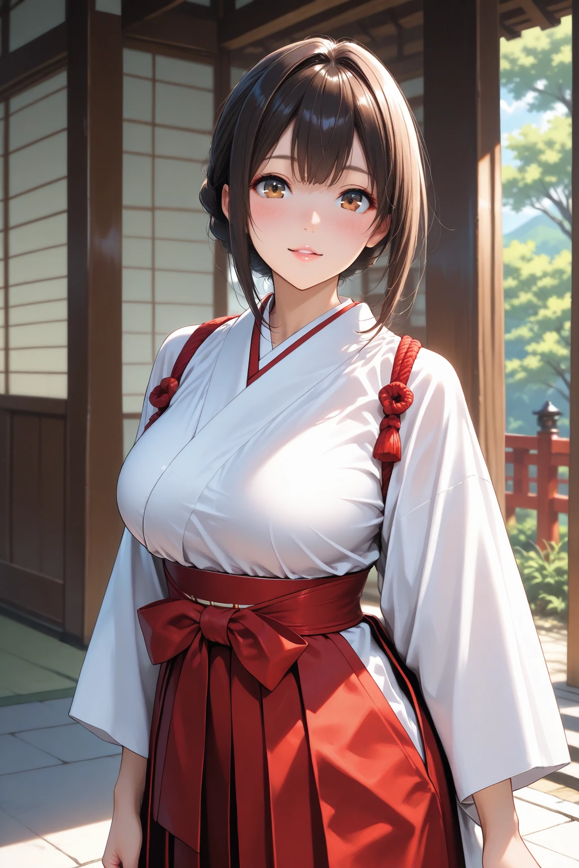  Highest quality、Confused、((Portrait of the cutest girl in the world))、Japanese、16-year-old girl、shrine、A slightly windy day with cherry blossom petals fluttering、kimono、plain white kimono、Red Skirt、shrine maiden服、shrine maiden、Nice and cute、An innocent smile、nice smile、Big Breasts、(はちきれそうなBig Breasts:1.3)、(High Ponytail:1.4)、Tie your hair with a thin red ribbon、Brown Hair、Narrow waist、Detailed beautiful idea hair、Look forward、Upper Body、