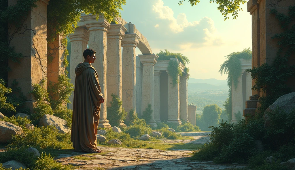 "A surreal blend of Roman architecture and nature reclaiming the ruins, with Marcus Aurelius' silhouette overlooking the landscape, reflecting on Stoic impermanence."