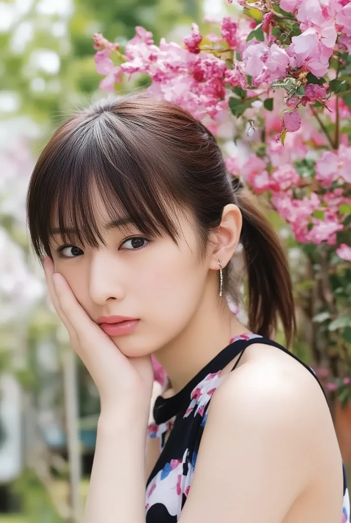 （masterpiece、Highest quality、Very detailed)、Hair color is deep dark brown、Soft Waves、
（Skin is smooth、Lightly reflects light、Healthy shine）、（The eyes are almond-shaped、eyes dark brown）、Long eyelashes、Flexible curls、Each one is clearly visible、Thin eyeliner、Natural eyelash shadow）、（Natural pink cheeks）、（Thick lips、smile）（Japanese 、Glamorous Body）、（bikini）、（Navy blue pleated mini skirt、inseam length）、（Beach、Pay attention to her whole body and facial expression）、（((Eye highlights and skin detail、Realistic details))）