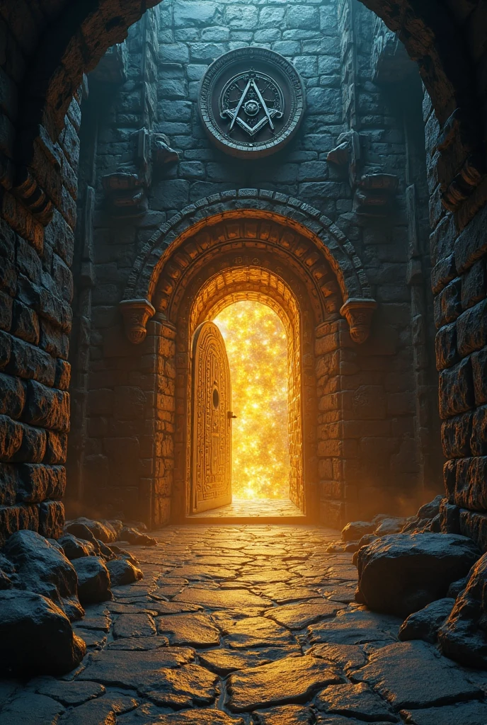 "A mystical vault with golden light, Masonic symbols (compass, square), dark blue background, cinematic lighting"