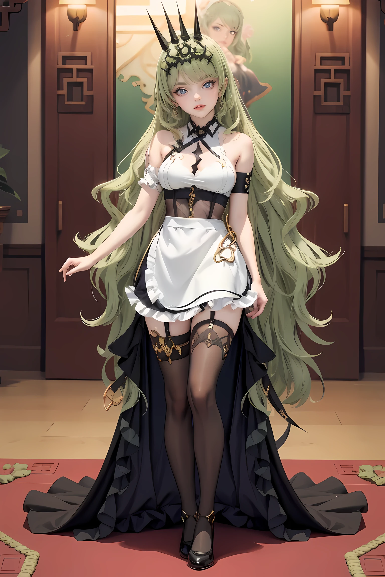 1girl, green hair, harness, black dress, chinese maid design, solo, white roses, symmetrical gloves, high socks, harness, tassel, chinese maid dress, v neckline, garter on the legs, standing up, white apron, maid dress, chinese maid, chinese aesthetic, thigh gap, harness, white roses on her hair, solid background, chinese maid uniform, full body, too many frills in her dress, magical girl, perfect anatomy, gold jewelry, harness, breasts curtains, Cute pose, beautiful hairstyles with white roses, tassel, glow eyes, long hair with long waves and white roses, high thigh, frills, harness, chinese maid uniform, chinese maid dress, white apron, garter on the legs, gold jewelry, solid background, standing up, blushing, maid headdress, chinese maid dress with too many frills, Chinese aesthetic, flare skirt, harness, centered girls, full body, glowing hair, magical girl, more details on her clothes, golden details on her dress, harness, tassel