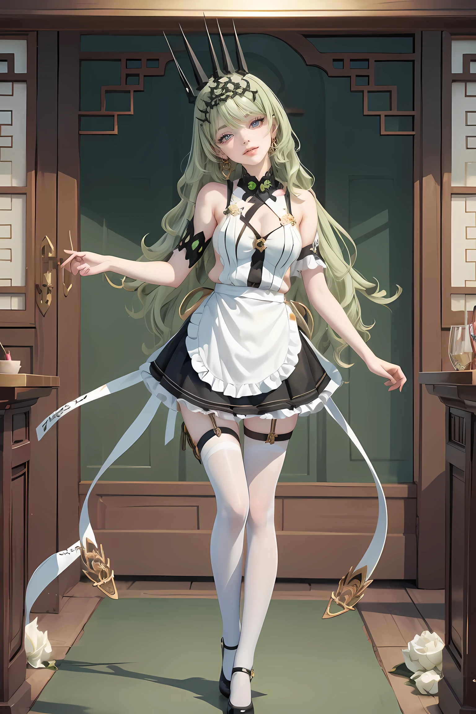 1girl, green hair, harness, black dress, chinese maid design, solo, white roses, symmetrical gloves, high socks, harness, tassel, chinese maid dress, v neckline, garter on the legs, standing up, white apron, maid dress, chinese maid, chinese aesthetic, thigh gap, harness, white roses on her hair, solid background, chinese maid uniform, full body, too many frills in her dress, magical girl, perfect anatomy, gold jewelry, harness, breasts curtains, Cute pose, beautiful hairstyles with white roses, tassel, glow eyes, long hair with long waves and white roses, high thigh, frills, harness, chinese maid uniform, chinese maid dress, white apron, garter on the legs, gold jewelry, solid background, standing up, blushing, maid headdress, chinese maid dress with too many frills, Chinese aesthetic, flare skirt, harness, centered girls, full body, glowing hair, magical girl, more details on her clothes, golden details on her dress, harness, tassel