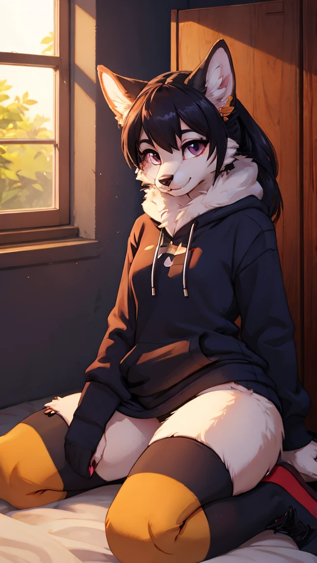 Juno, furry wolf girl, blue eyes, wearing white turtle neck sweater, short black skirt, black thigh high leggings, no shoes, exposed toes, blushing, looking content, laughing, hand to her face, by gudlmok99, by sleepiness18, good ???????, high quality, sitting, in a cozy living room, feet in frame, looking at viewer