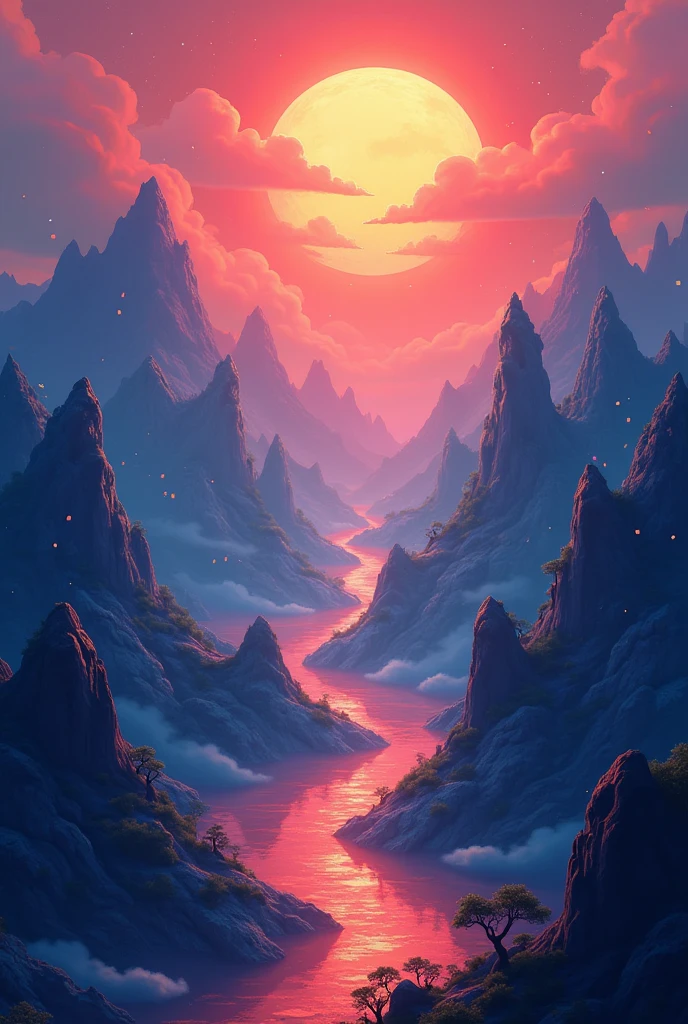 It generates an image of a numerical world , is an image of a world full of numbers everywhere with a series of mountains and a light that could be the sun , That image is for a game , I want it in animation style .