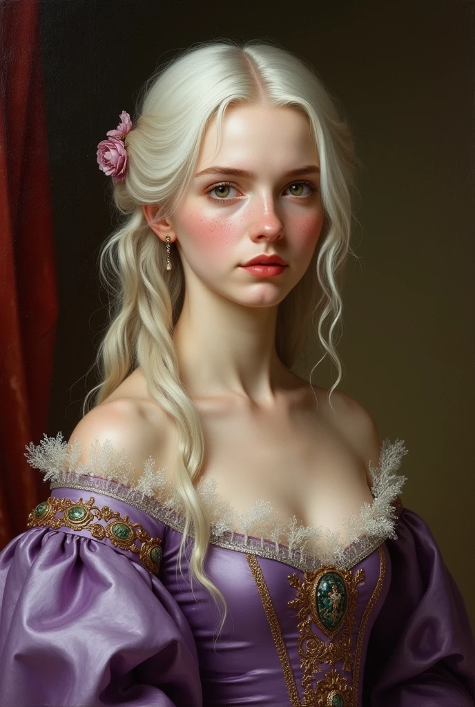 Baroque painting .
a young woman with white hair with dark green eyes and creamy white skin and lips as pink as a strawberry and with freckles, wearing a purple silk dress highlighting her figure as a royal lady.