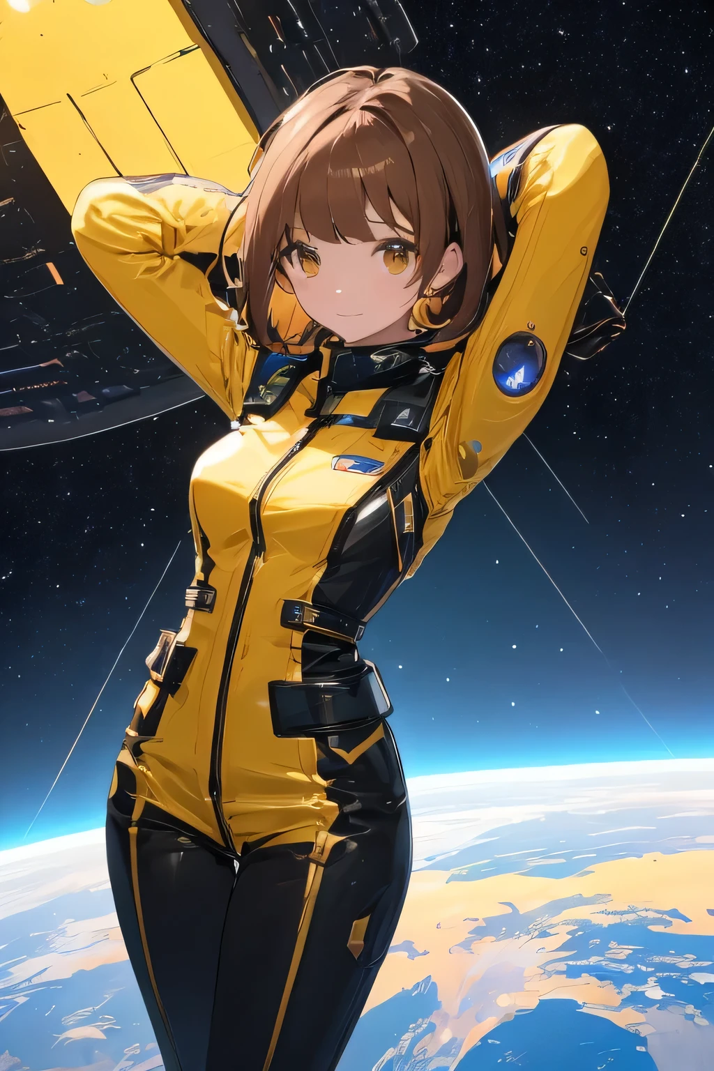 Space ship, captain future, comet, extremely fine and beautiful design, illustration, masterpiece,best quality, high resolution, 8k, sf,space fantasy, extremely beautiful and fain design, extremely fine and beautiful colors, An anime girl with shoulder-length green short hair and warm brown eyes, dressed in a sleek, black-and-yellow space pilot suit with metallic patches on her shoulders. She’s leaning back with her hands behind her head, standing in singing dancing pose, background a planet with visible Universe Galaxy