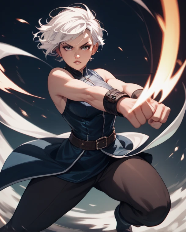Older girl, short white hair, intense gray eyes are sharp and focused, action pose