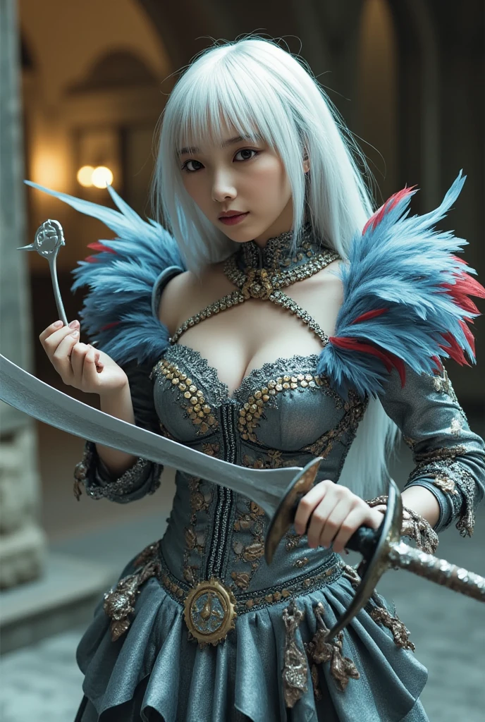 masterpiece, cinematic lighting, UHD, accurate, super detail, high details, high quality, award winning, best quality, highest, 16k Wallpaper, ultra detailed face, perfect anatomy, perfect fingers, huge breasts, slender body, (abs), curvy body, bare buttocks, thin thighs.
silver body decorated with yellow, silver longhair, blue and red feathers on the shoulders, light neckline decorated with yellow, blue and red silver litmus rhinestones, Bustle with layered feathers shield in left hand and sword in right hand.