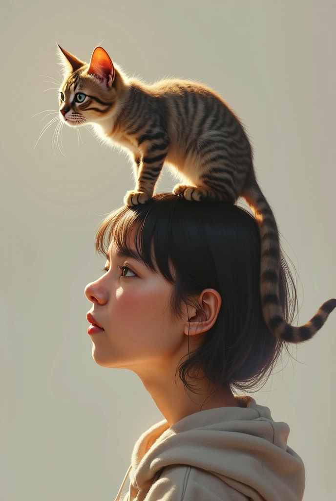 Realistic picture of cat staying on head of a  