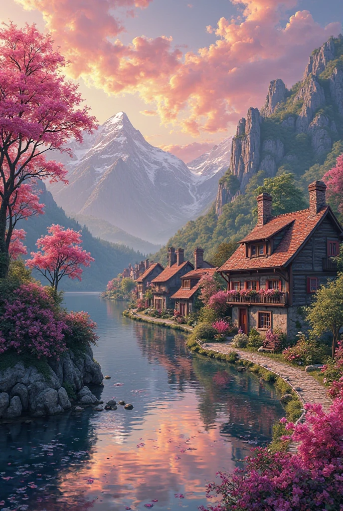 Small village by the river, mountains in the background, colorful pink flowers, detailed landscape, beautiful scenery, atmospheric lighting, scorching sunset, warm colors, practical, photography, detailed foliage, intricate buildings, cobblestone street, charming country house, swirling bright colors, dense vegetation, water reflections, picturesque, perfect, artwork, best quality, 8k, highly detailed, anime style